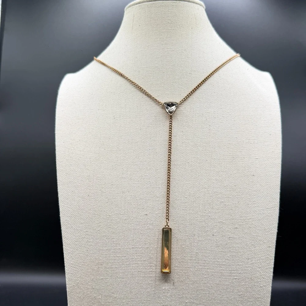 Gold Tone Y Drop Lariat Necklace Clear Triangle Crystal Amber Tone Bar Pendant